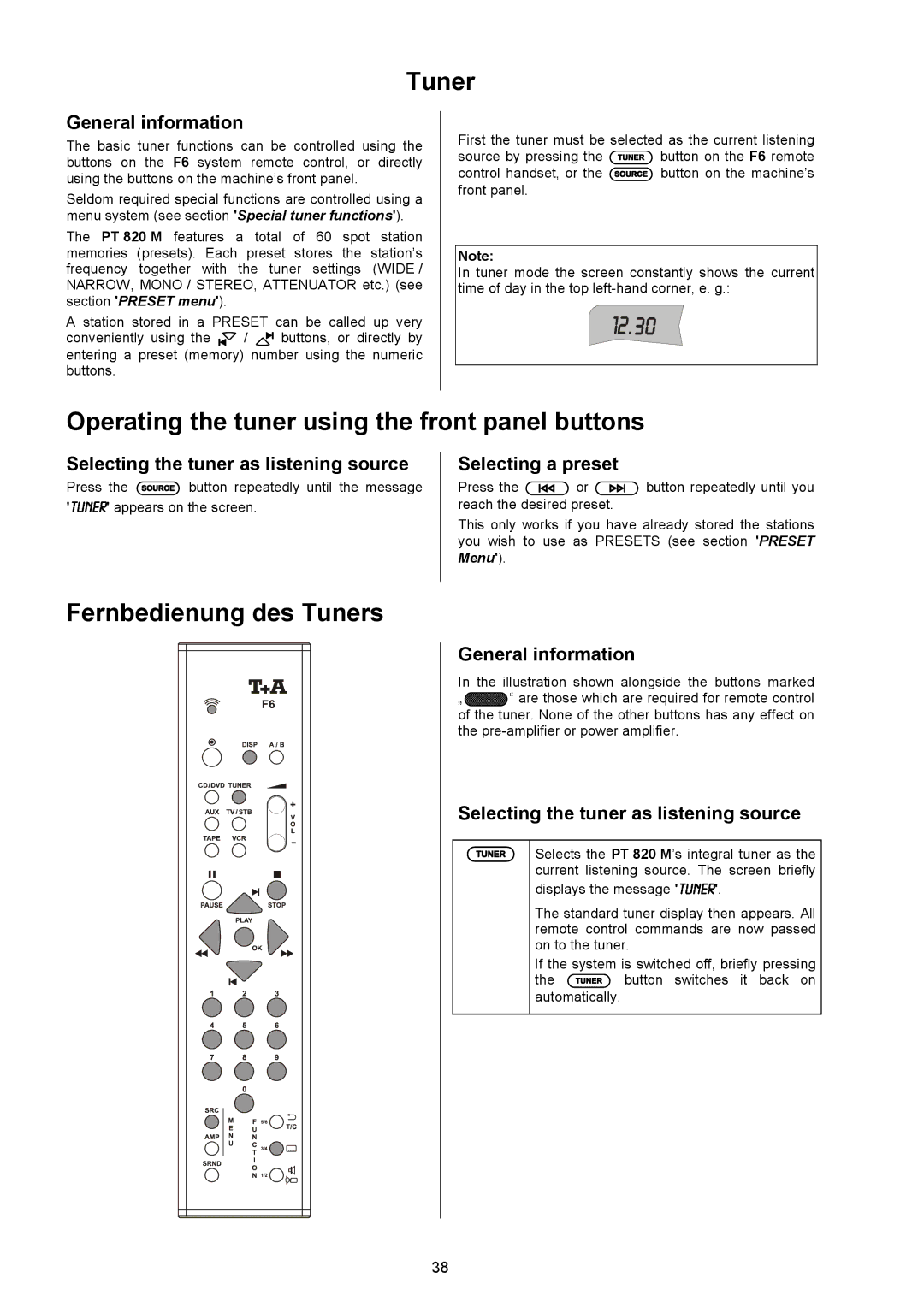 T+A Elektroakustik PT 820 M Operating the tuner using the front panel buttons, General information, Selecting a preset 