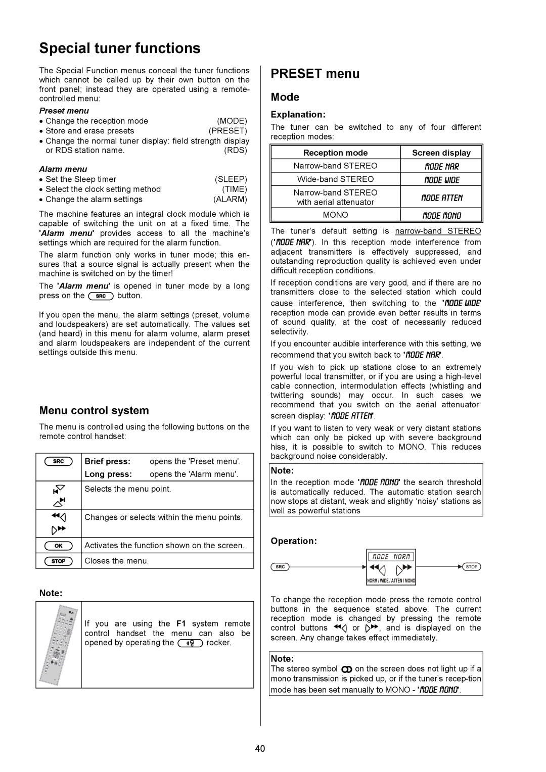 T+A Elektroakustik PT 820 M, PA 820 M user manual Special tuner functions, Mode, Preset, Rds 