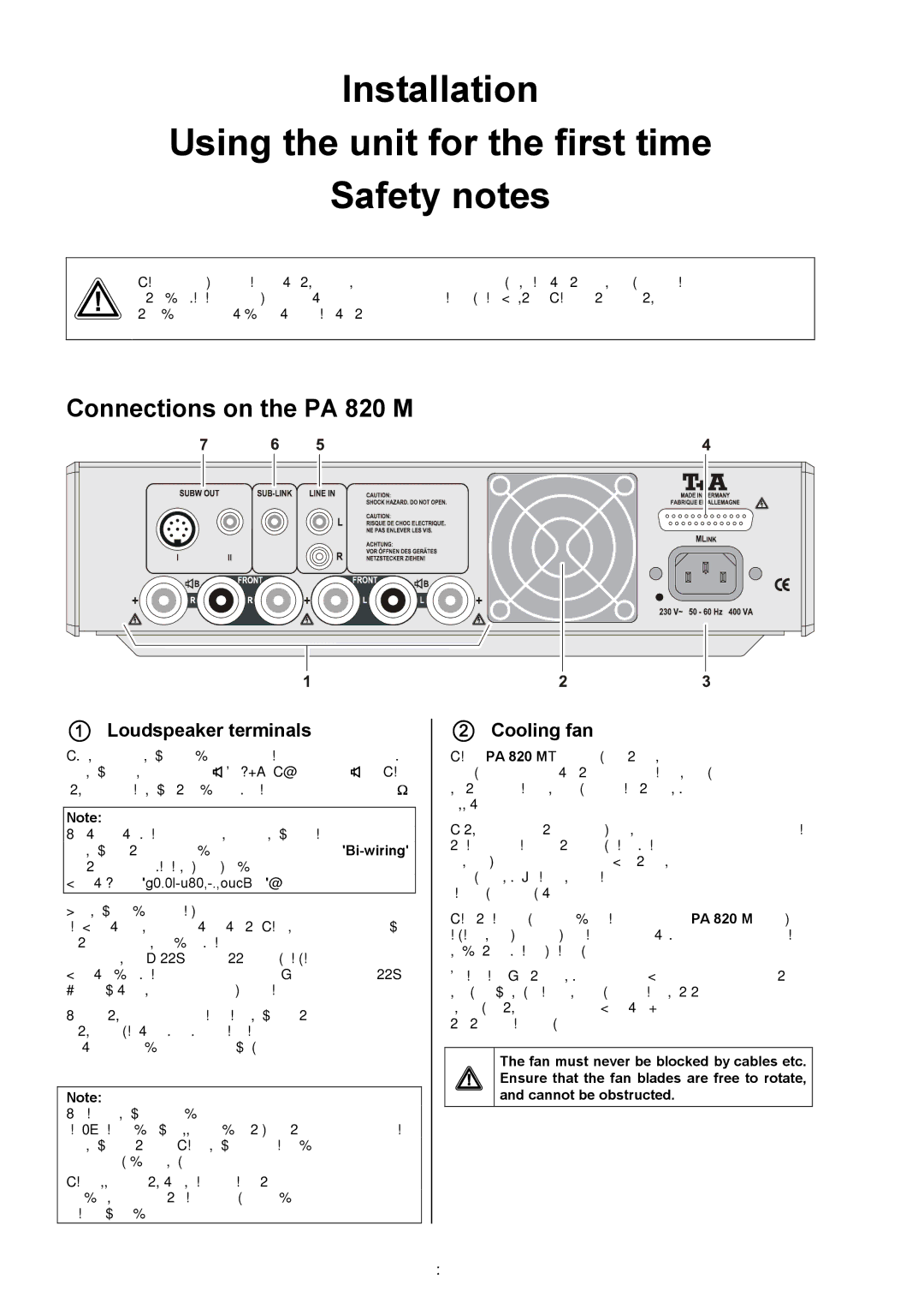 T+A Elektroakustik PT 820 M user manual Connections on the PA 820 M,  Loudspeaker terminals  Cooling fan 