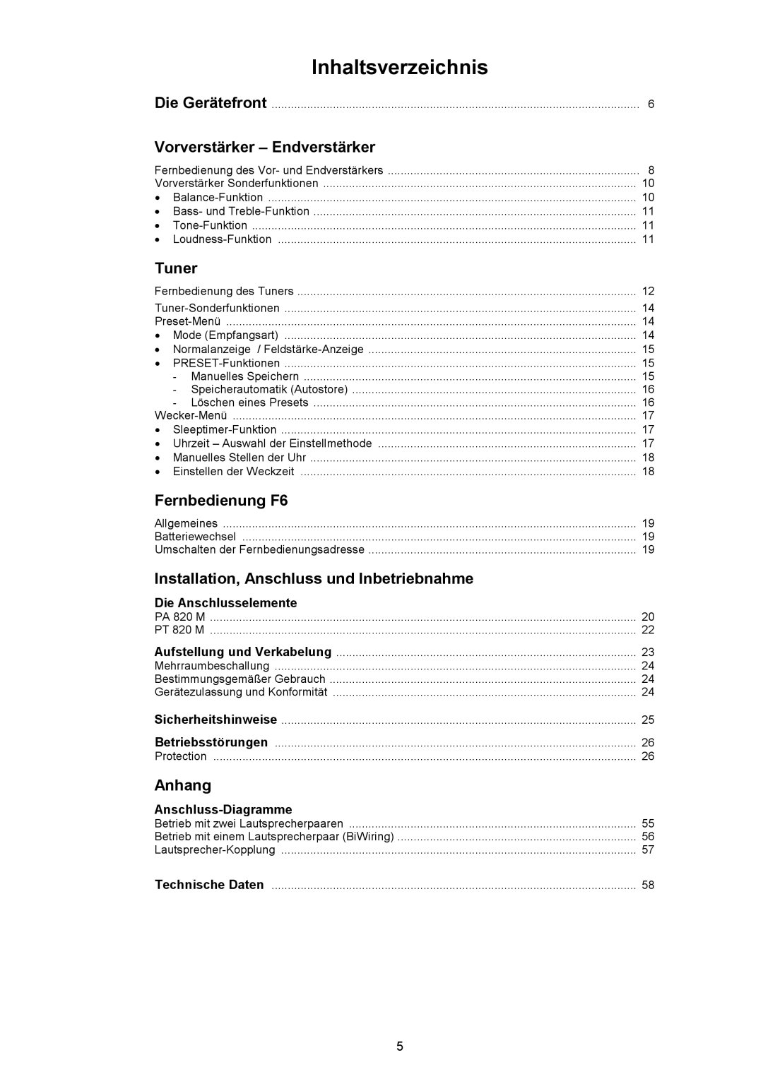 T+A Elektroakustik PA 820 M, PT 820 M user manual Inhaltsverzeichnis 