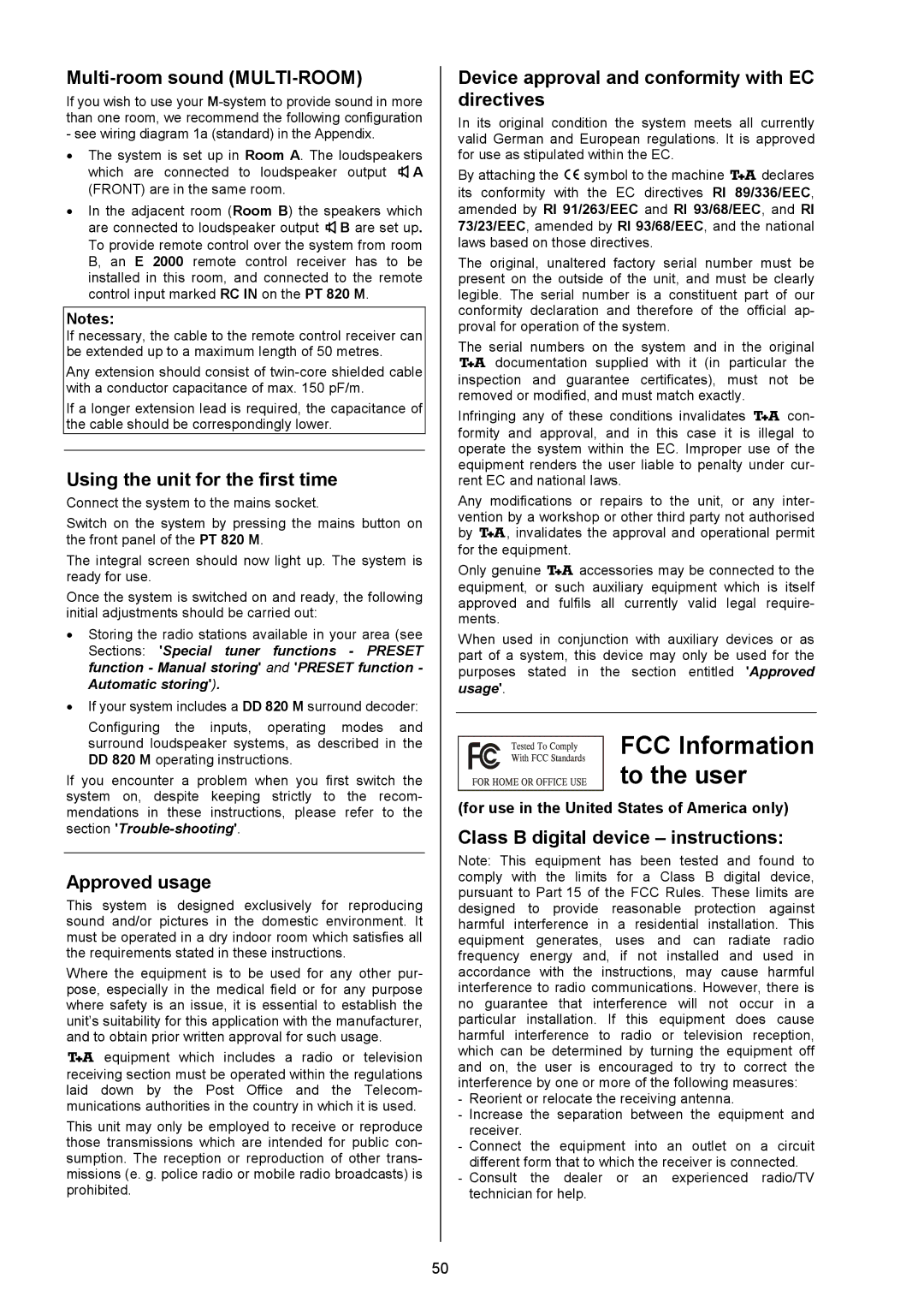 T+A Elektroakustik PT 820 M, PA 820 M user manual FCC Information to the user 