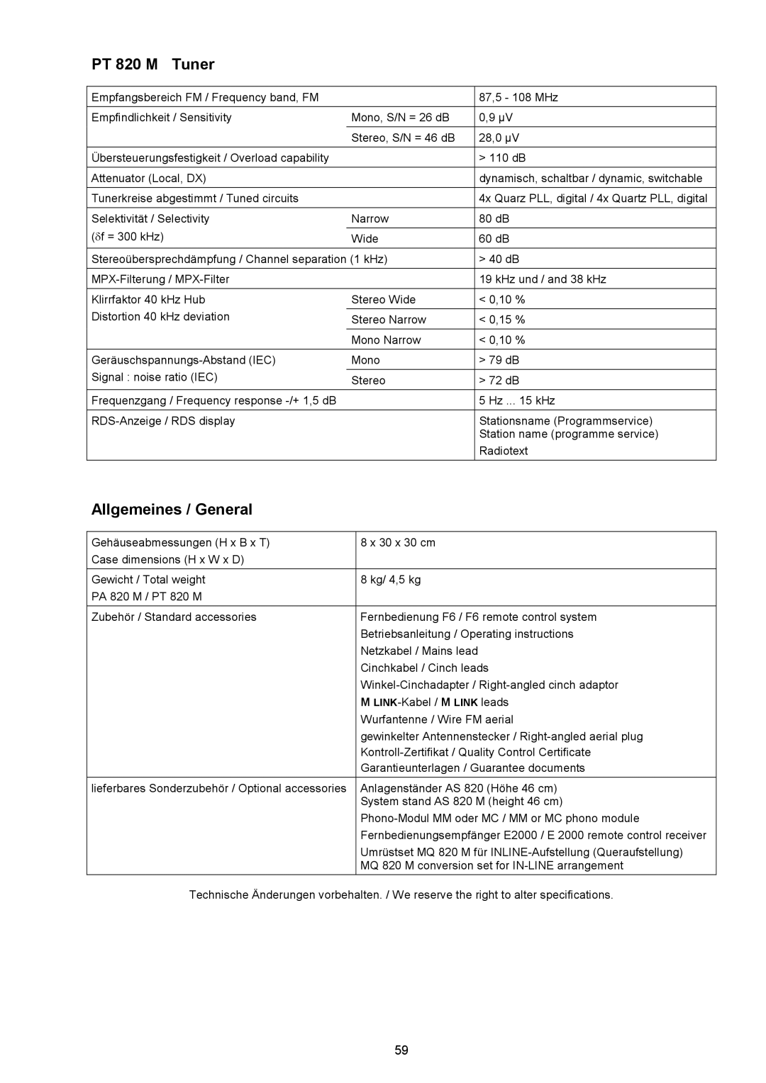 T+A Elektroakustik PA 820 M user manual PT 820 M Tuner, Allgemeines / General 