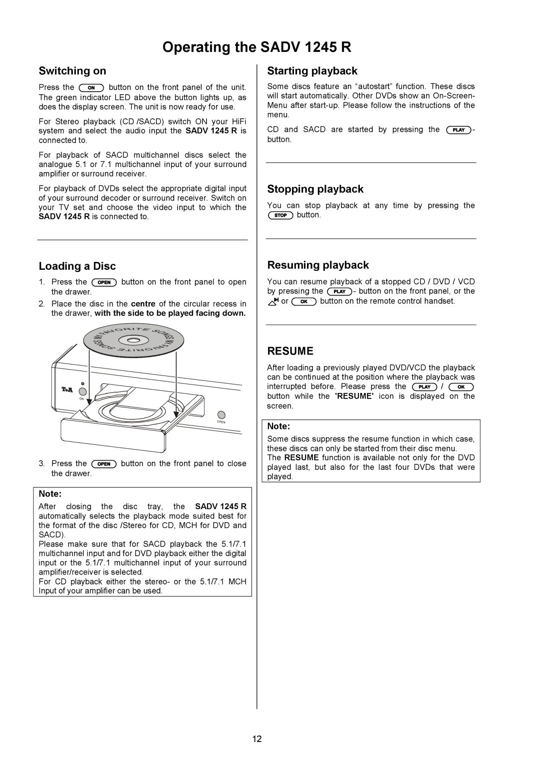 T+A Elektroakustik SADV 1245 R operating instructions Operating the Sadv 1245 R 