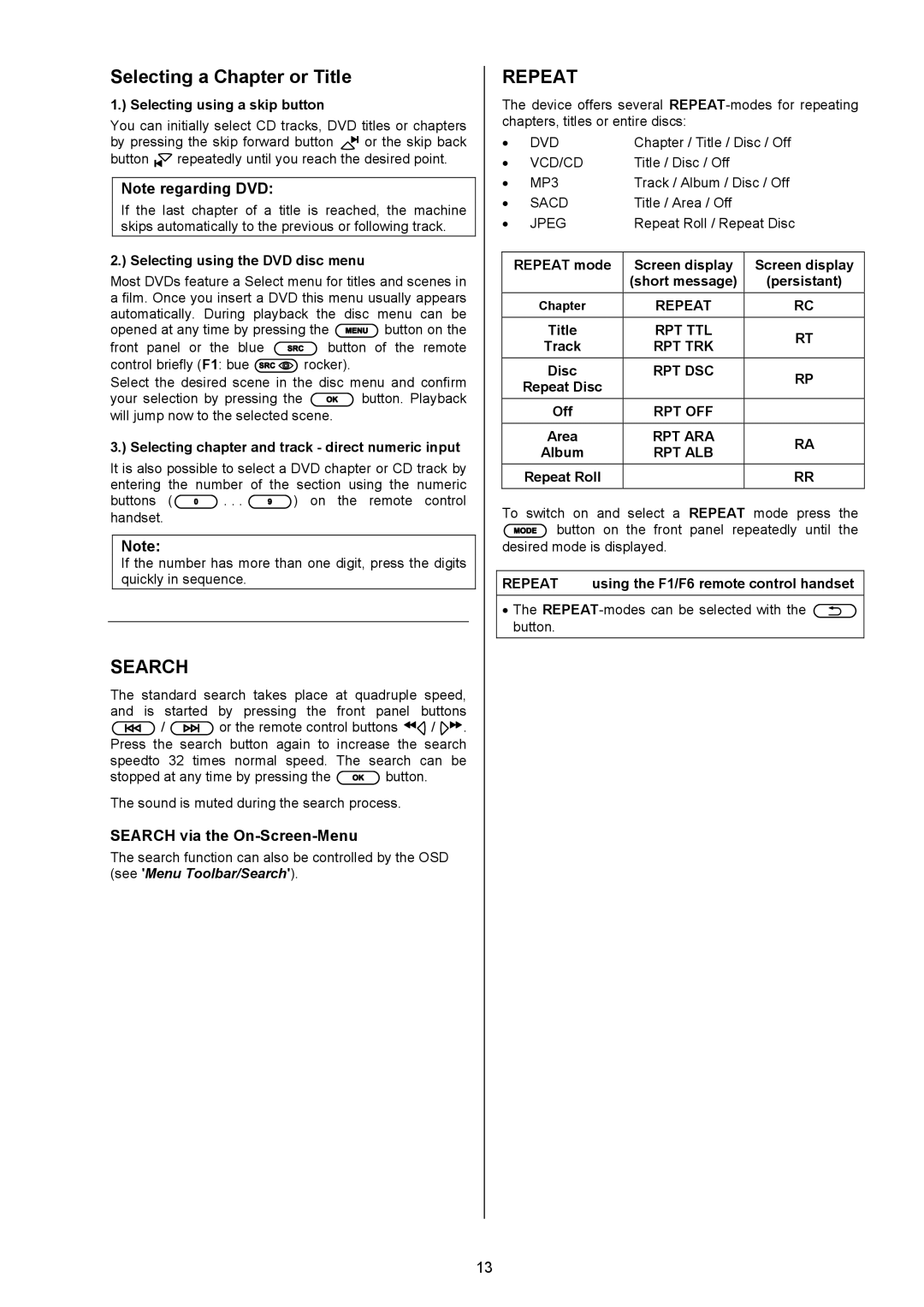 T+A Elektroakustik SADV 1245 R operating instructions Selecting a Chapter or Title, Search via the On-Screen-Menu 