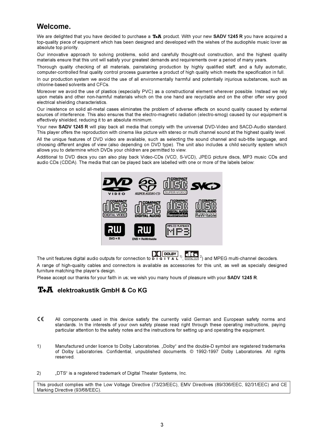 T+A Elektroakustik SADV 1245 R operating instructions Welcome,  elektroakustik GmbH & Co KG 