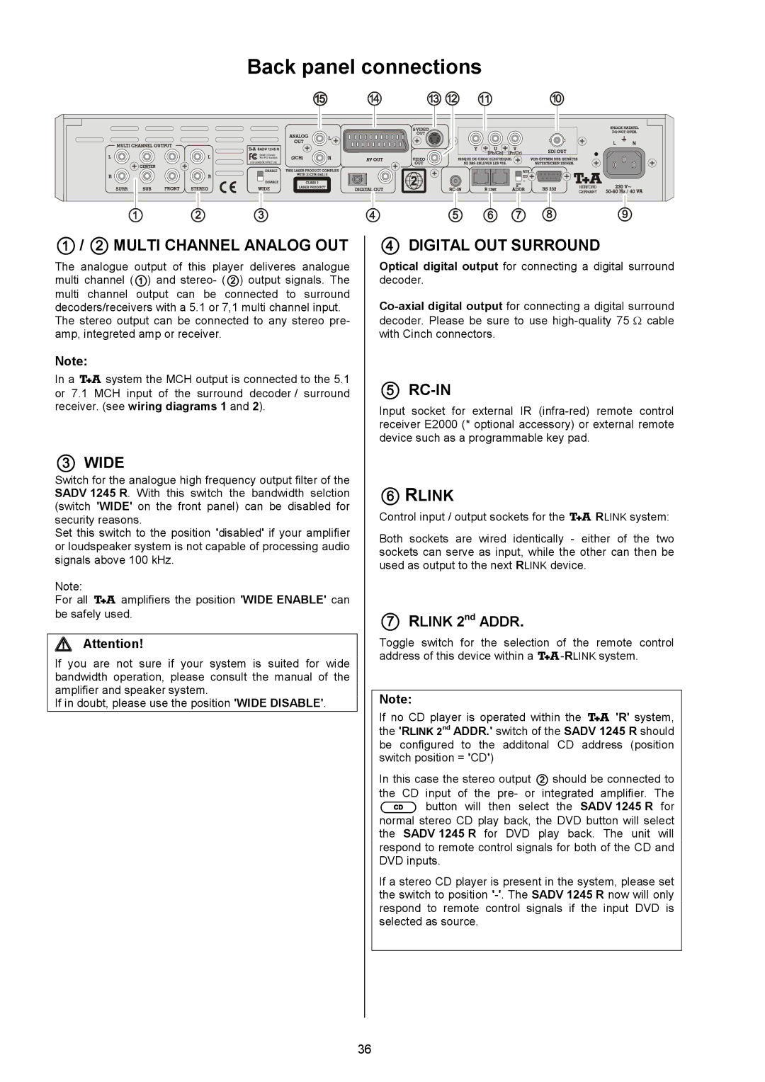 T+A Elektroakustik SADV 1245 R operating instructions Back panel connections,  Attention, Wide Disable 