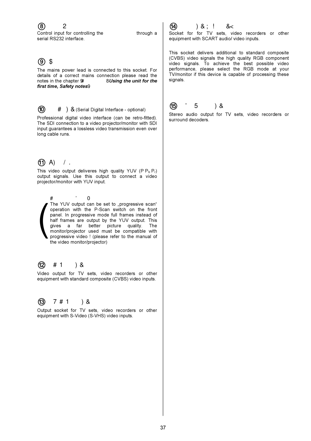 T+A Elektroakustik SADV 1245 R operating instructions  RS 232 connector,  Mains input,  YUV video output, Important Note 