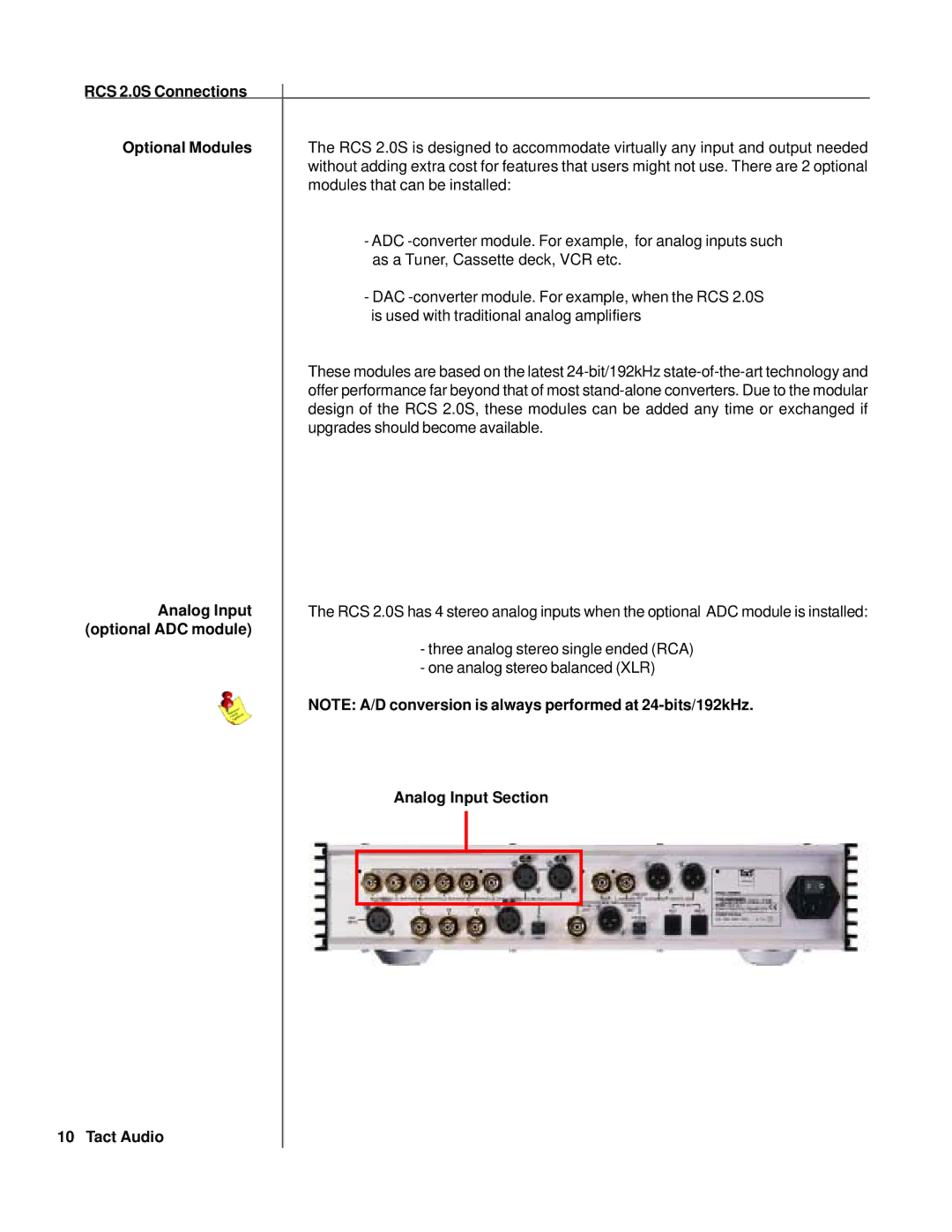 TacT Audio owner manual RCS 2.0S Connections Optional Modules, Analog Input 