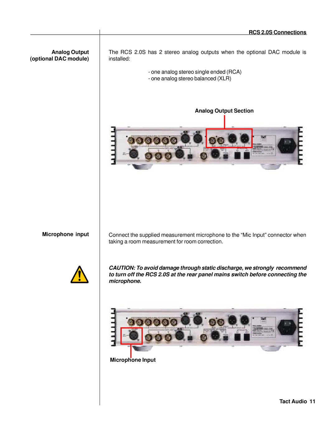 TacT Audio RCS 2.0S Optional DAC module, Analog Output Section Microphone input, Microphone Input Tact Audio 