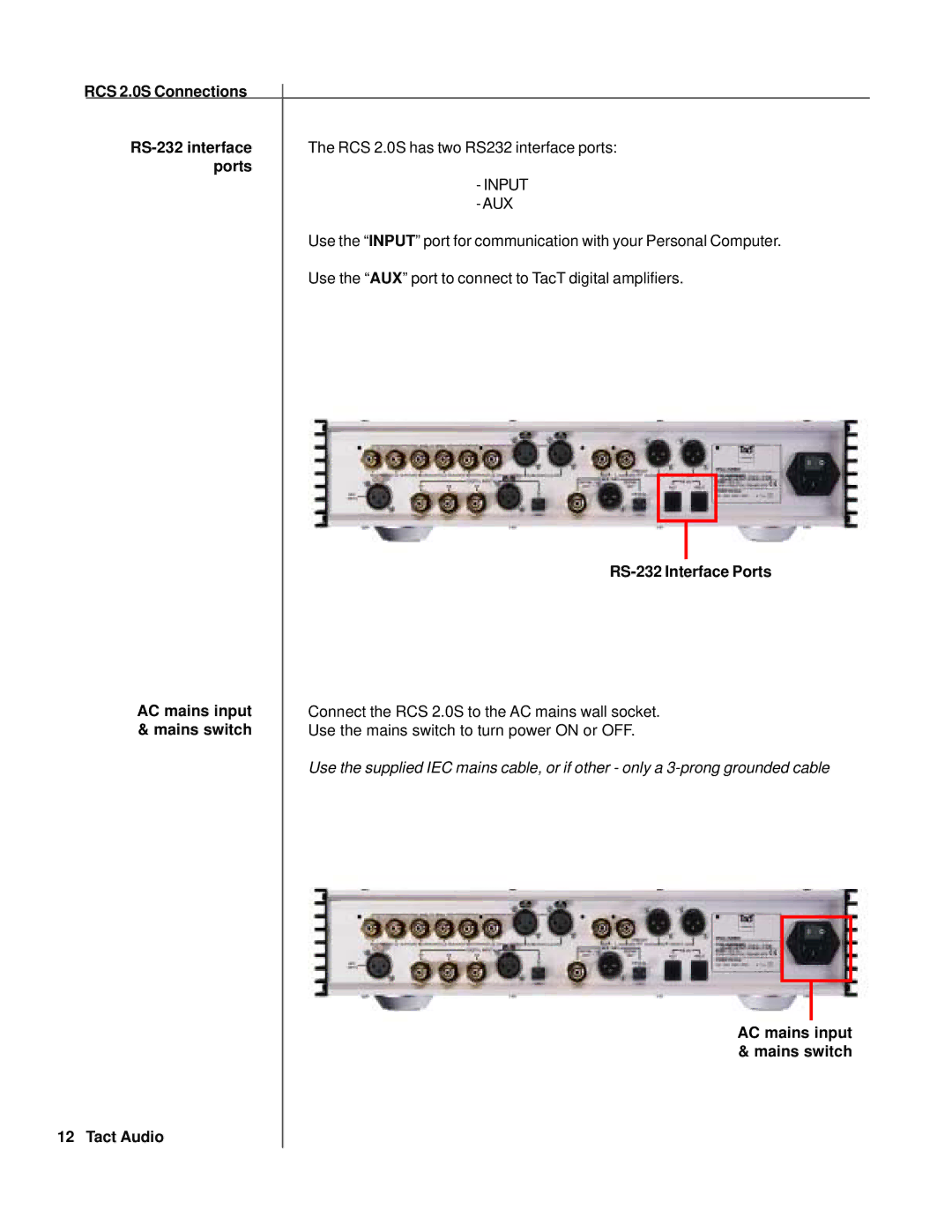 TacT Audio owner manual RCS 2.0S Connections RS-232 interface, RS-232 Interface Ports AC mains input 