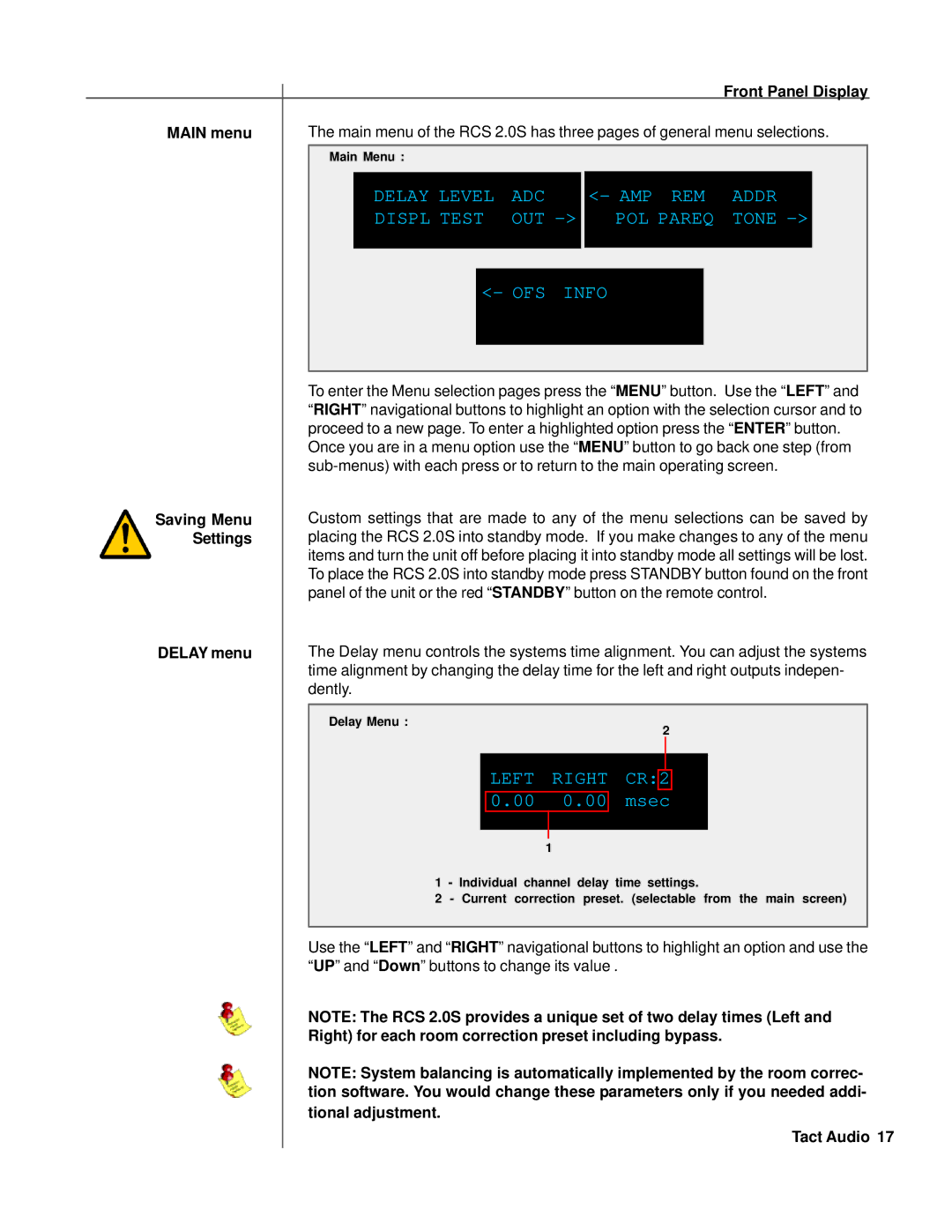 TacT Audio RCS 2.0S owner manual Saving Menu, Settings, Delay menu 