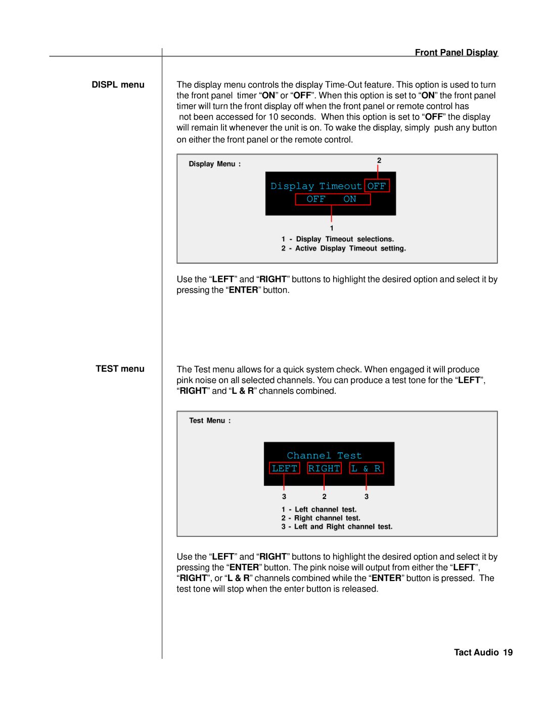 TacT Audio RCS 2.0S owner manual Displ menu, Test menu 