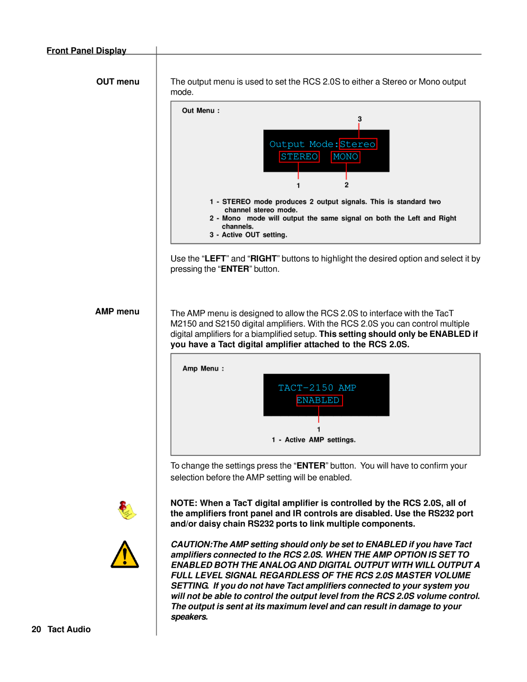 TacT Audio RCS 2.0S owner manual Selection before the AMP setting will be enabled 