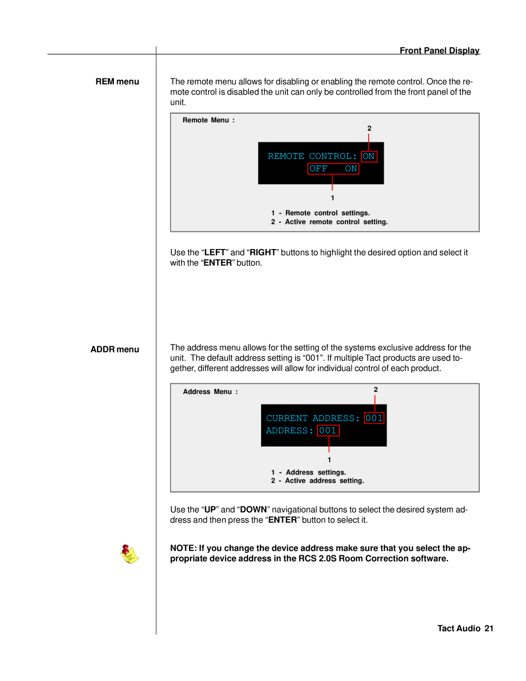 TacT Audio RCS 2.0S owner manual REM menu, Addr menu 