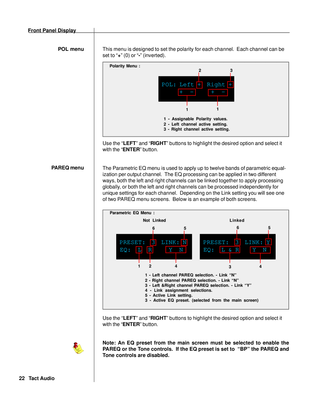 TacT Audio RCS 2.0S owner manual Preset Link N Link Y EQ L 