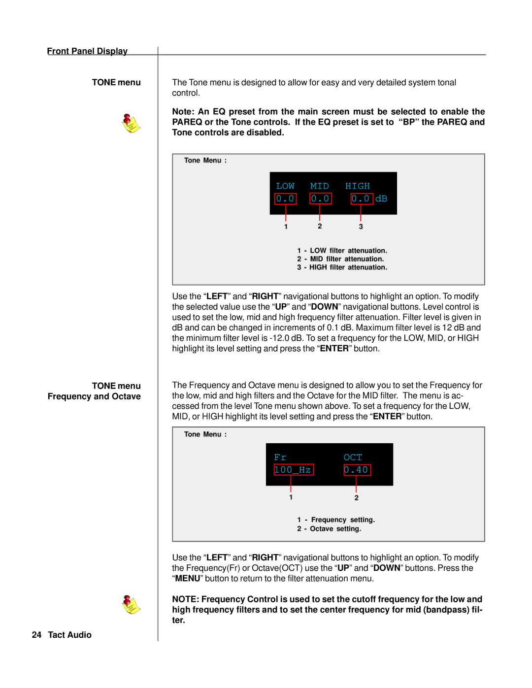 TacT Audio RCS 2.0S owner manual Front Panel Display Tone menu, Frequency and Octave, Ter Tact Audio 