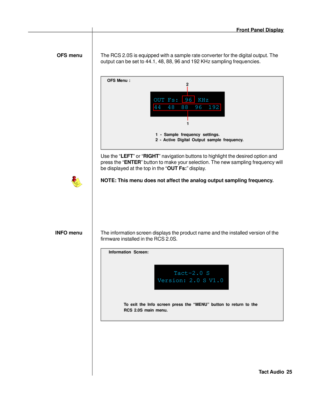 TacT Audio RCS 2.0S owner manual OFS menu, Info menu 