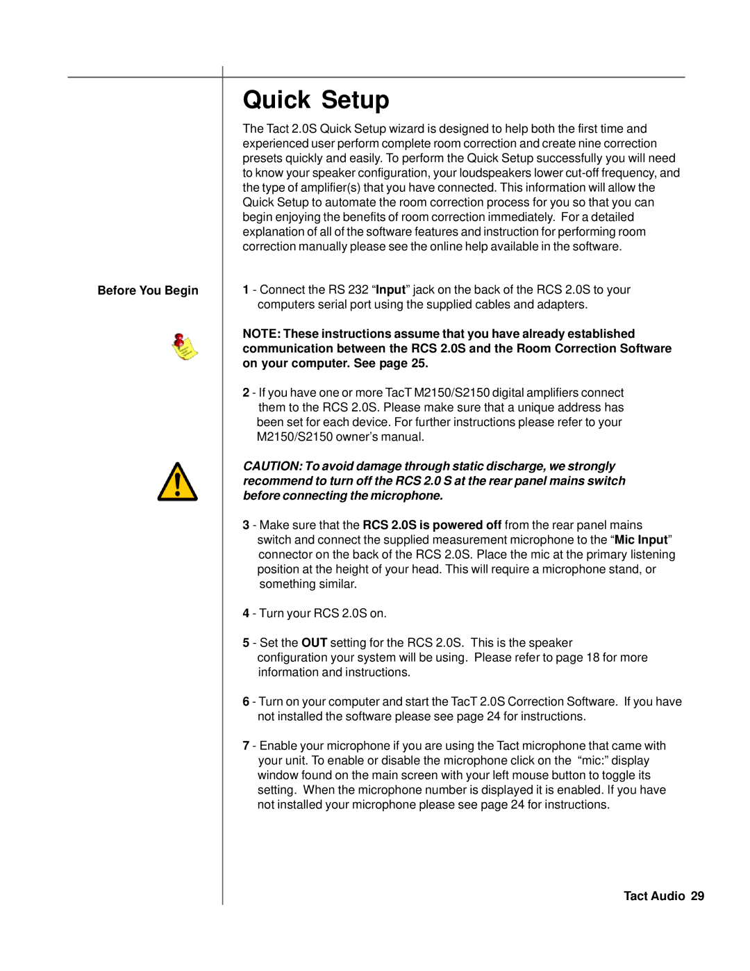 TacT Audio RCS 2.0S owner manual Quick Setup, Before You Begin 