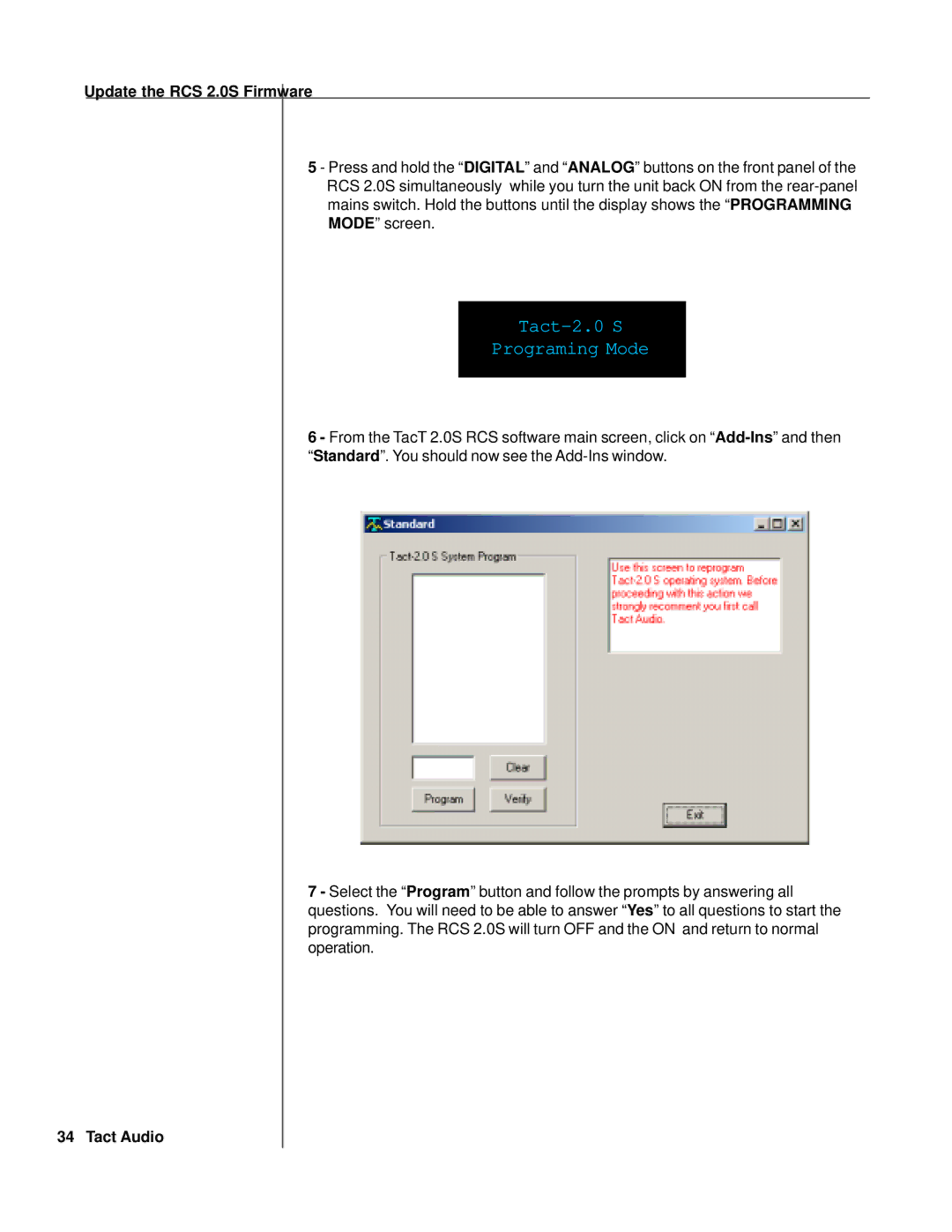 TacT Audio RCS 2.0S owner manual Tact-2.0 S Programing Mode 