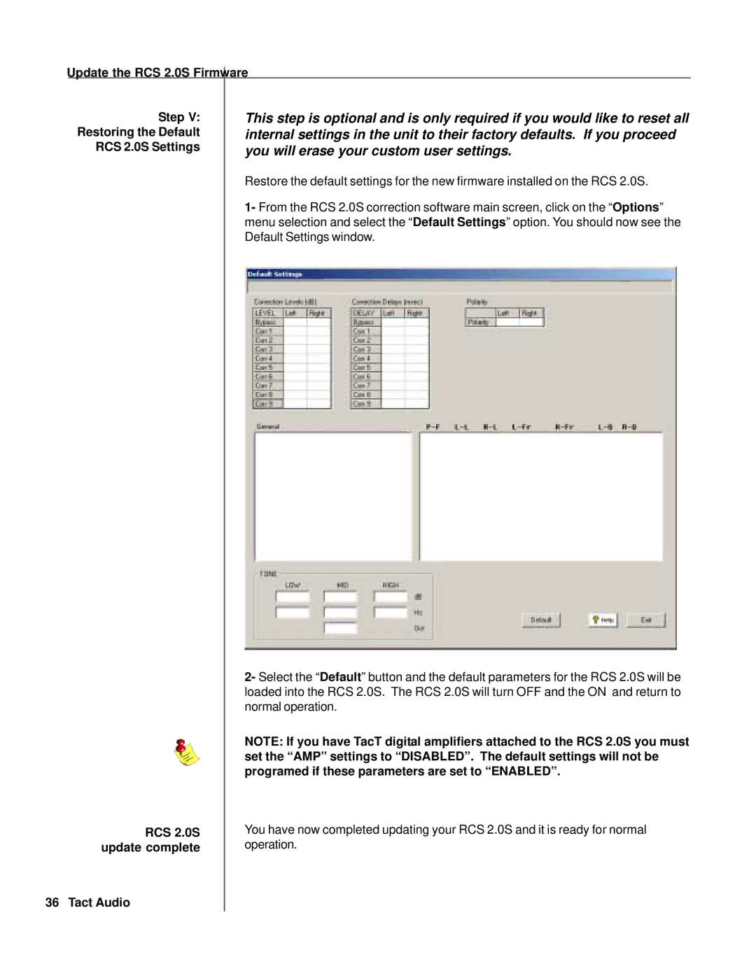 TacT Audio Update the RCS 2.0S Firmware Step, Restoring the Default, RCS 2.0S Settings, Default Settings window 