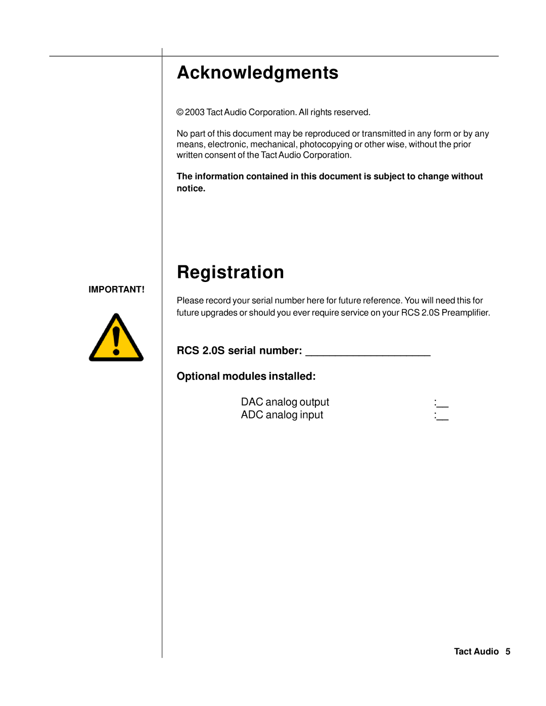 TacT Audio RCS 2.0S owner manual Acknowledgments, Registration 