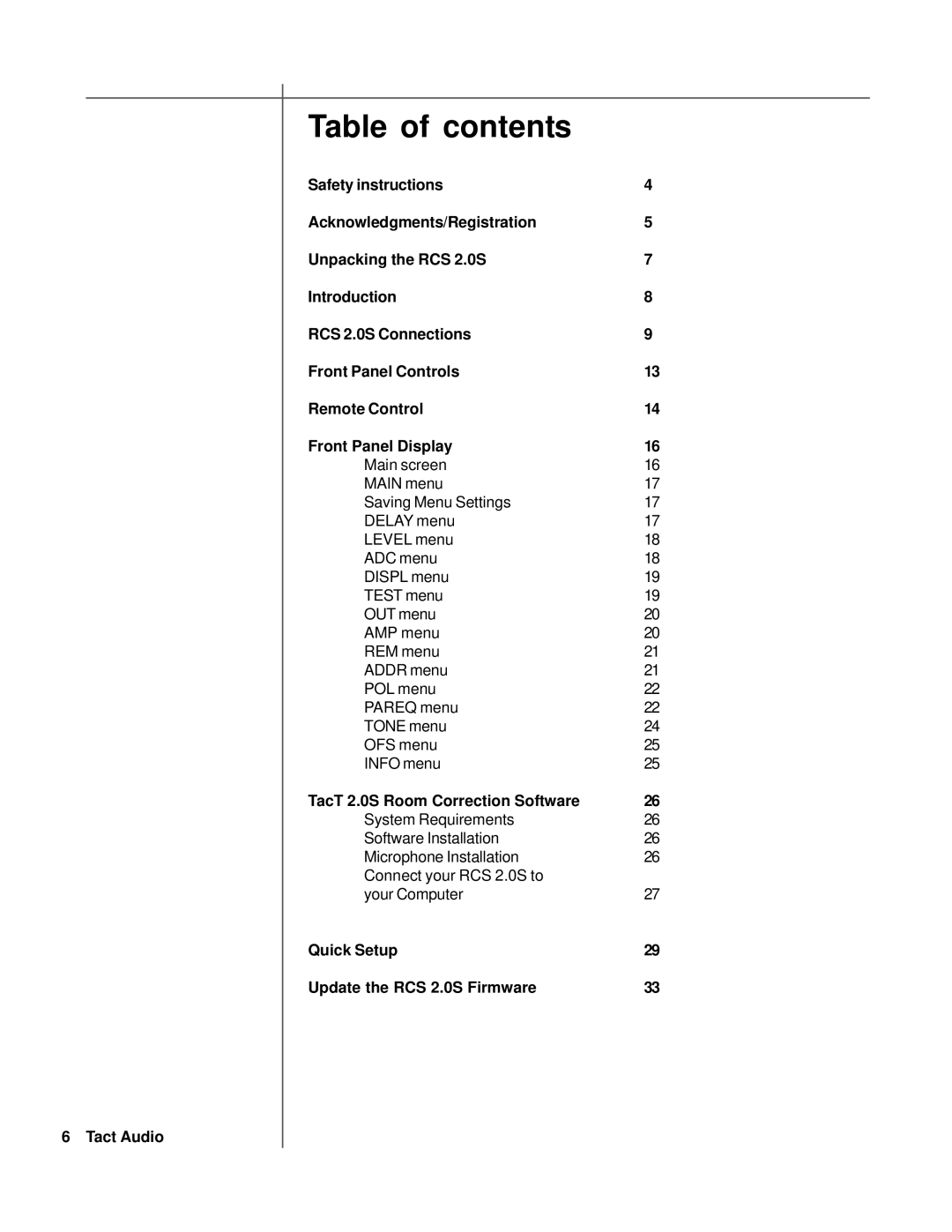 TacT Audio RCS 2.0S owner manual Table of contents 