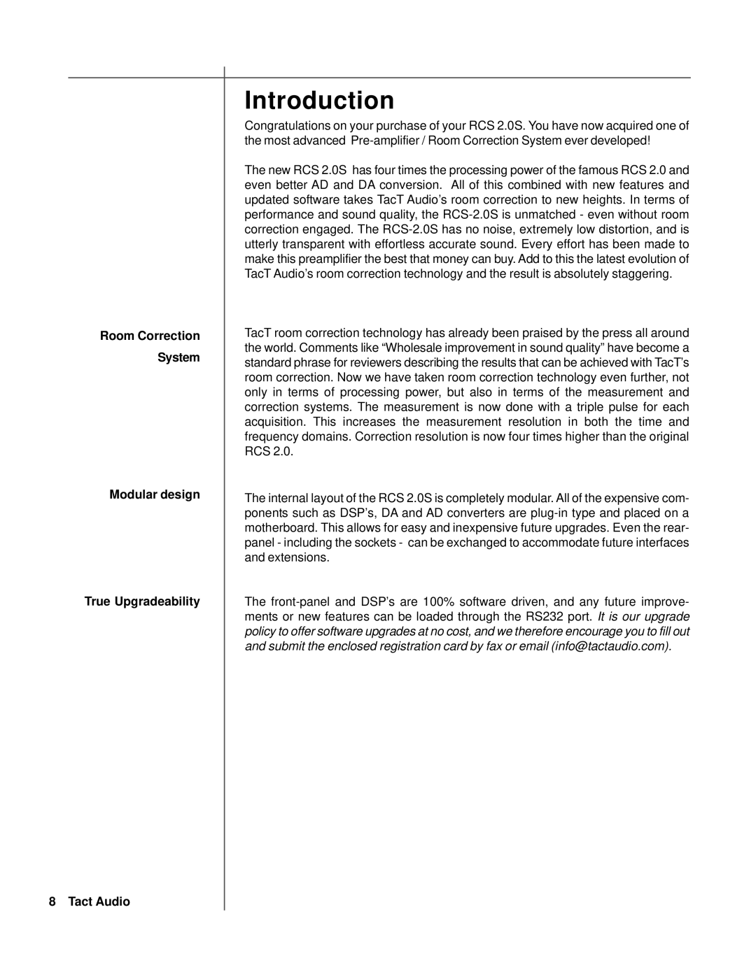 TacT Audio RCS 2.0S owner manual Introduction 