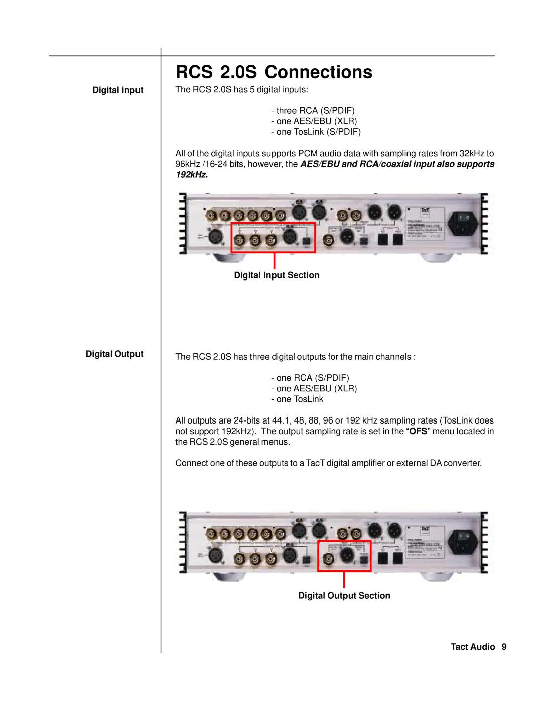 TacT Audio RCS 2.0S Connections, Digital input Digital Output, Digital Input Section, Digital Output Section Tact Audio 