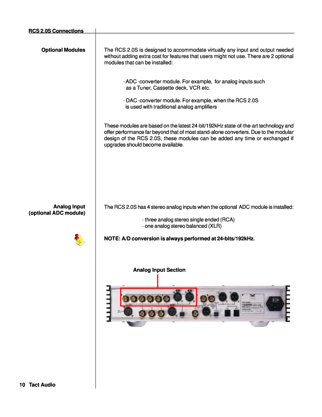 TacT Audio RCS 2.0S Connections, Optional Modules, Analog Input, optional ADC module, one analog stereo balanced XLR 