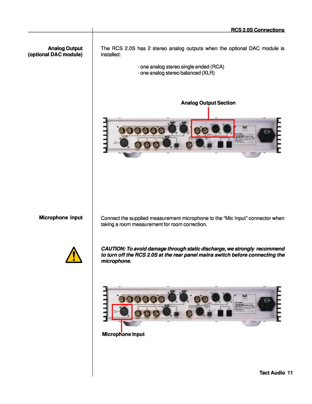 TacT Audio owner manual RCS 2.0S Connections, optional DAC module, Analog Output Section, Microphone input 