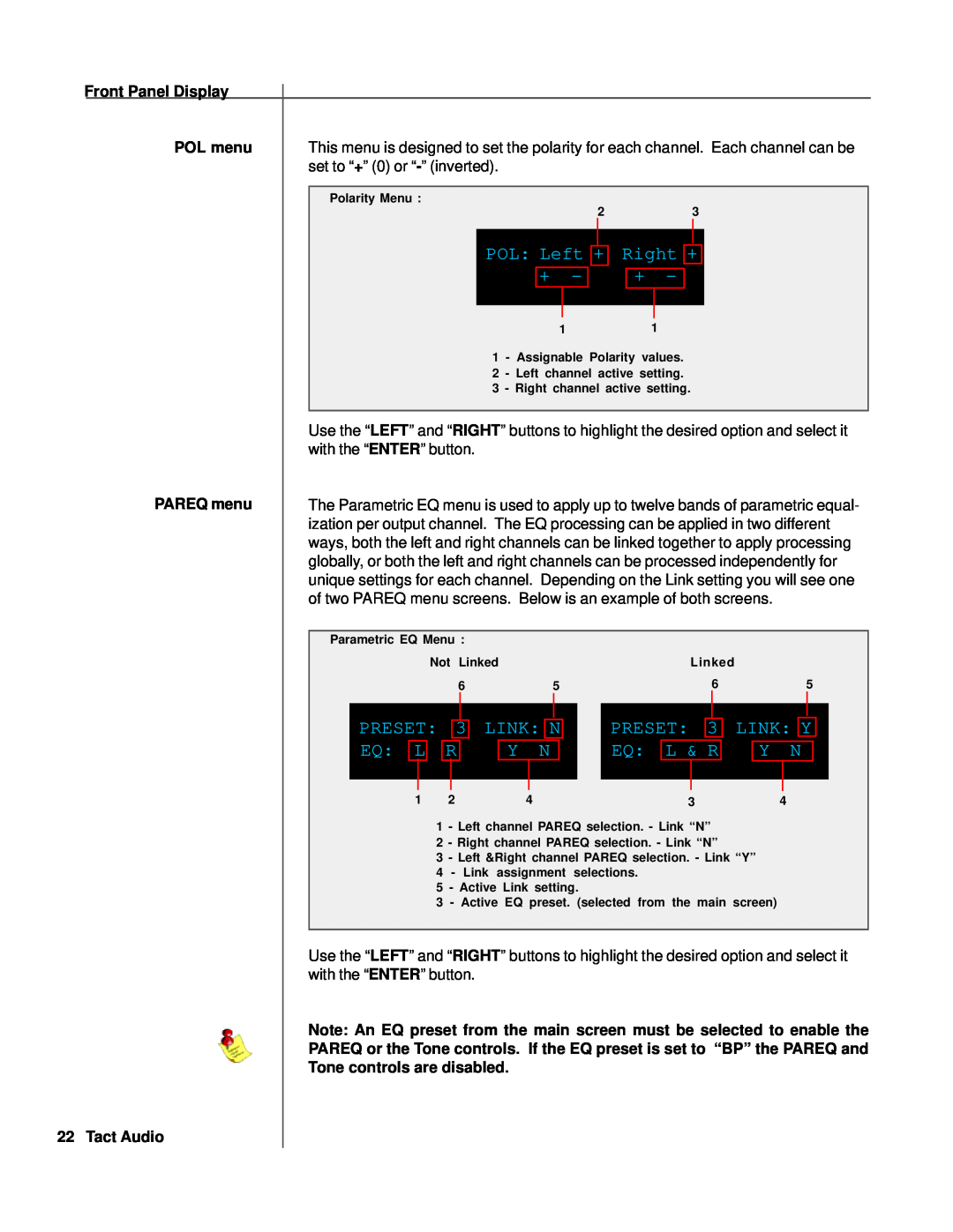 TacT Audio RCS 2.0S owner manual Right +, Preset, Link N, Link Y, Eq L 