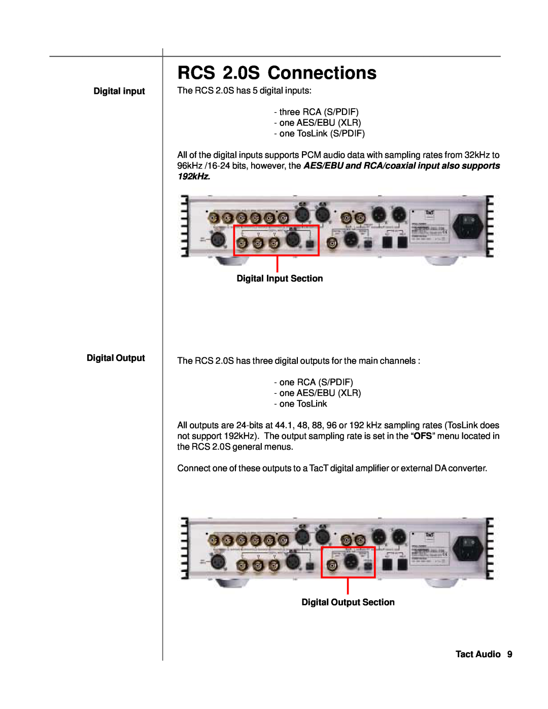 TacT Audio RCS 2.0S Connections, Digital input Digital Output, Digital Input Section, Digital Output Section Tact Audio 