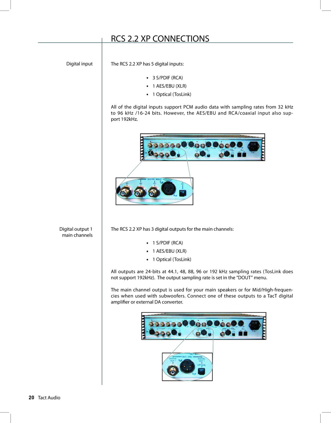 TacT Audio owner manual RCS 2.2 XP Connections, Aes/Ebu Xlr 