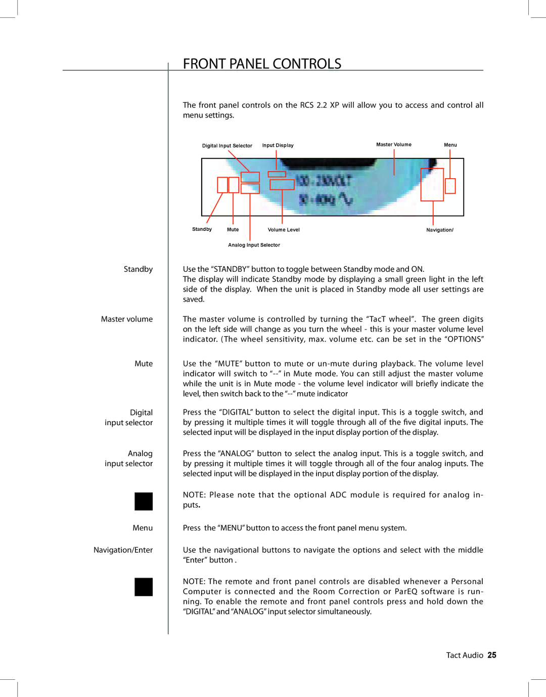 TacT Audio RCS 2.2 XP owner manual Front Panel Controls 