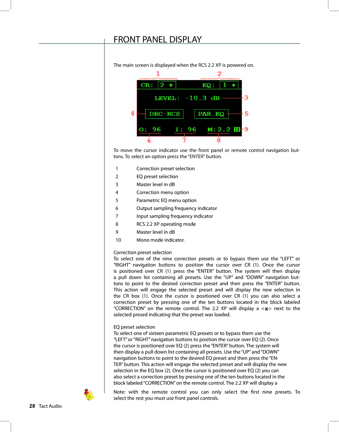 TacT Audio RCS 2.2 XP owner manual Front Panel Display 