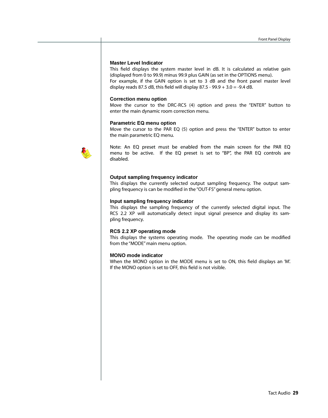 TacT Audio Master Level Indicator, Correction menu option, Parametric EQ menu option, RCS 2.2 XP operating mode 