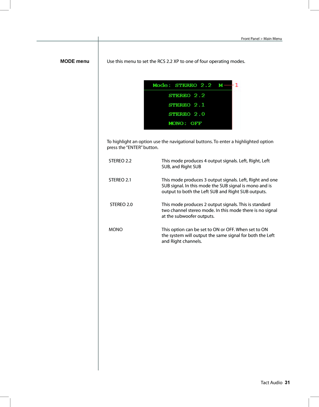 TacT Audio RCS 2.2 XP owner manual Mode menu, Mono 
