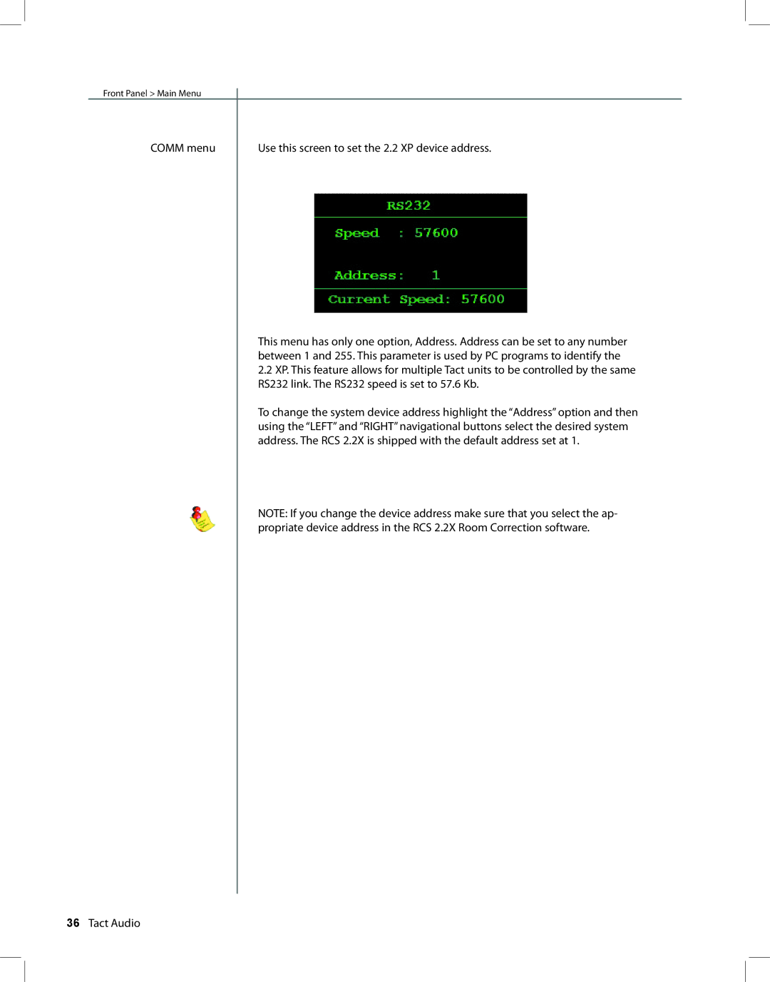 TacT Audio RCS 2.2 XP owner manual Comm menu Use this screen to set the 2.2 XP device address 