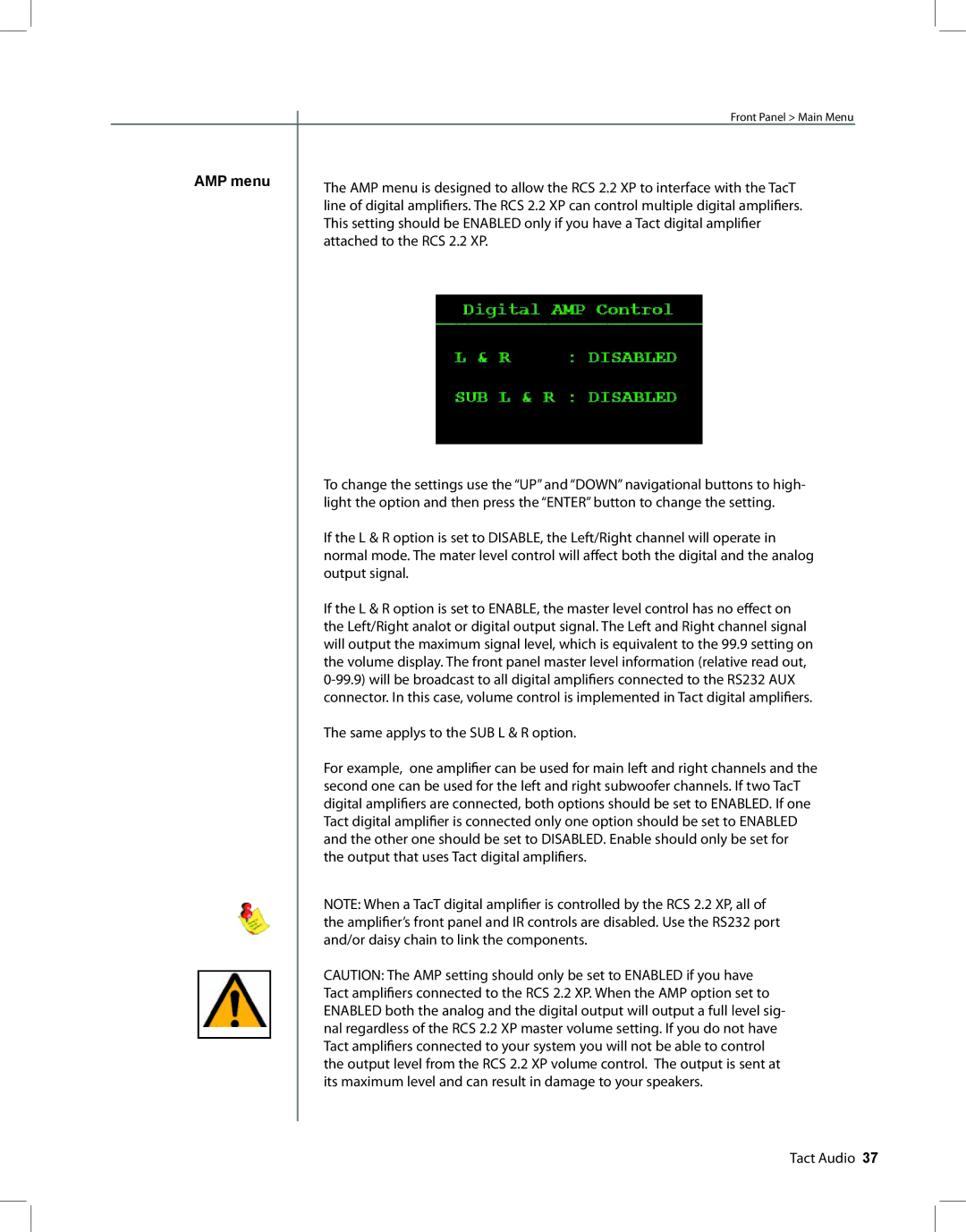 TacT Audio owner manual AMP menu, Attached to the RCS 2.2 XP 