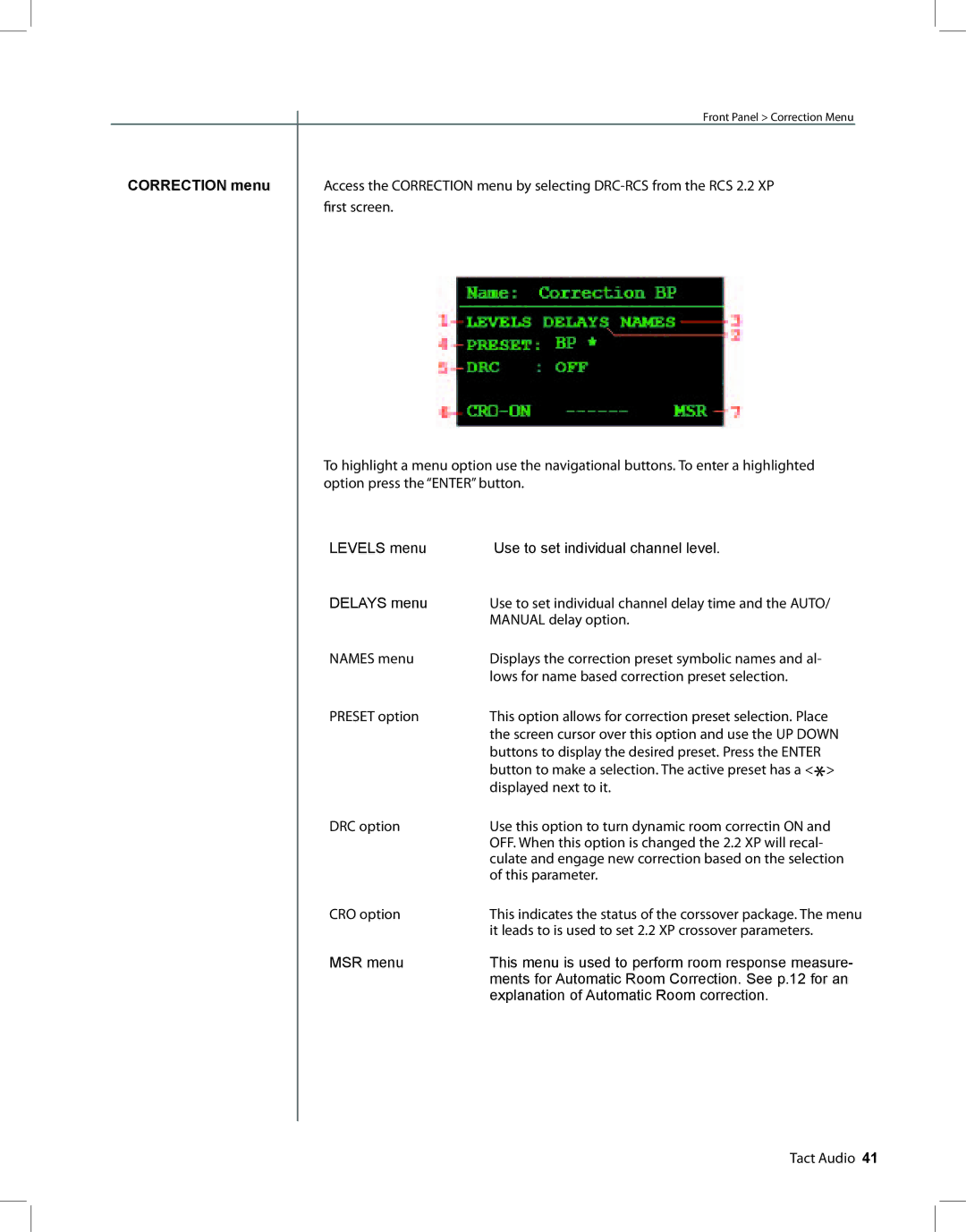 TacT Audio RCS 2.2 XP owner manual Correction menu, This parameter CRO option 