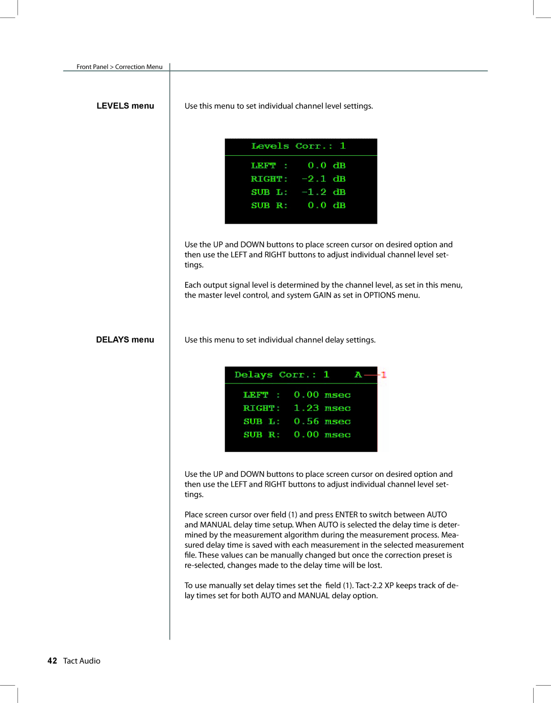 TacT Audio RCS 2.2 XP owner manual Front Panel Correction Menu 