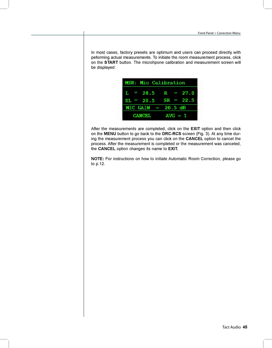 TacT Audio RCS 2.2 XP owner manual Front Panel Correction Menu 