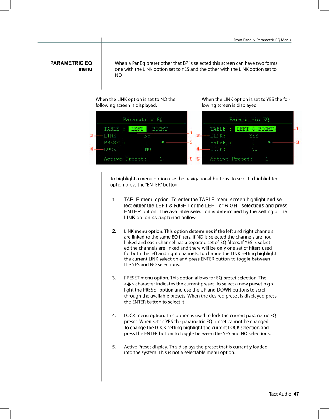 TacT Audio RCS 2.2 XP owner manual Parametric EQ, Menu 