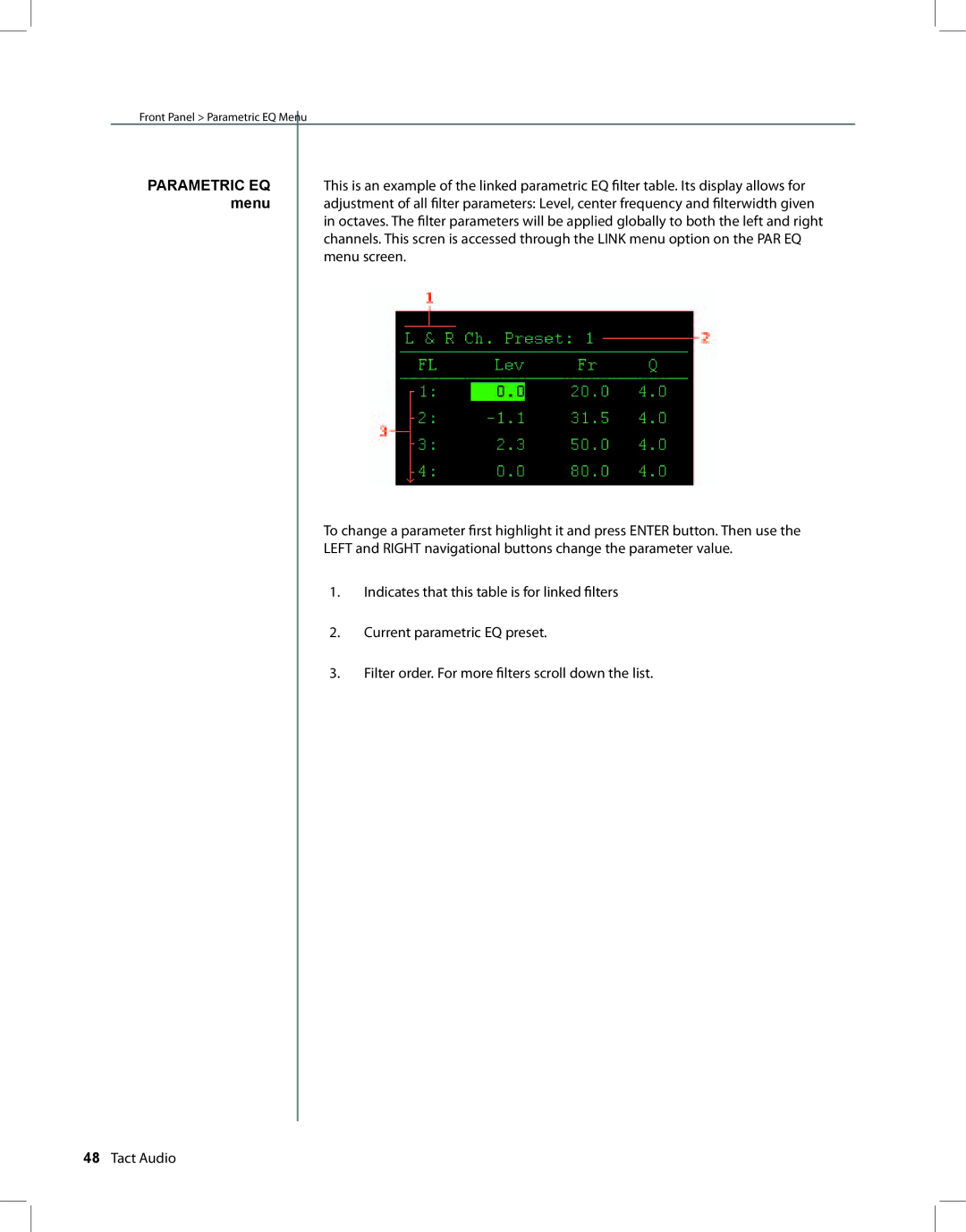 TacT Audio RCS 2.2 XP owner manual Front Panel Parametric EQ Menu 