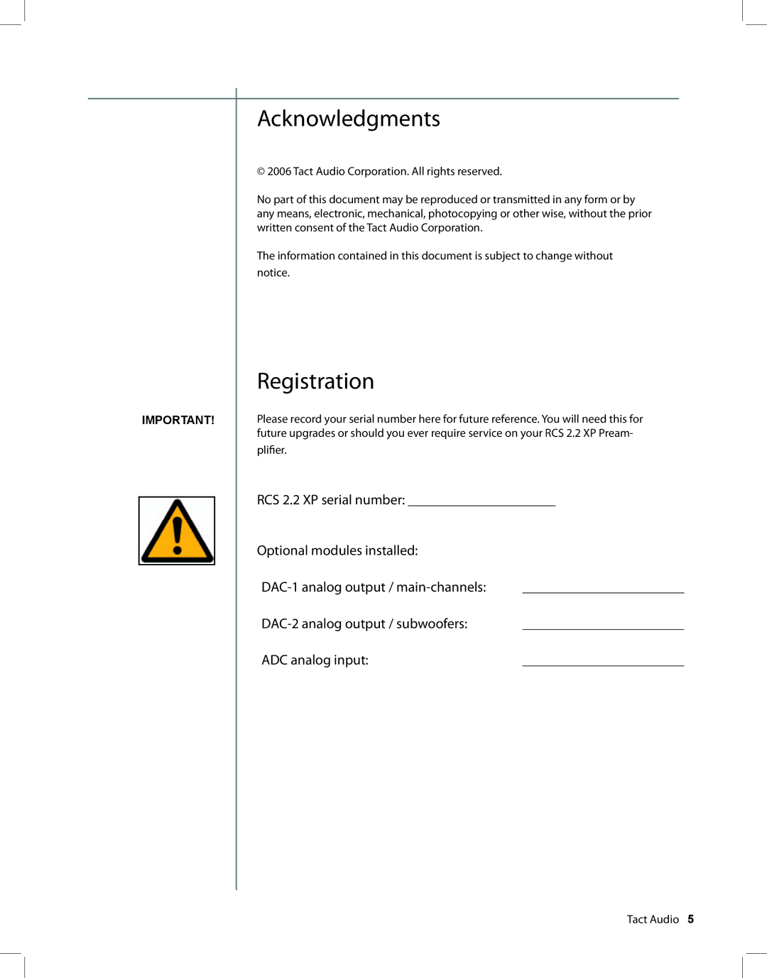 TacT Audio RCS 2.2 XP owner manual Acknowledgments 