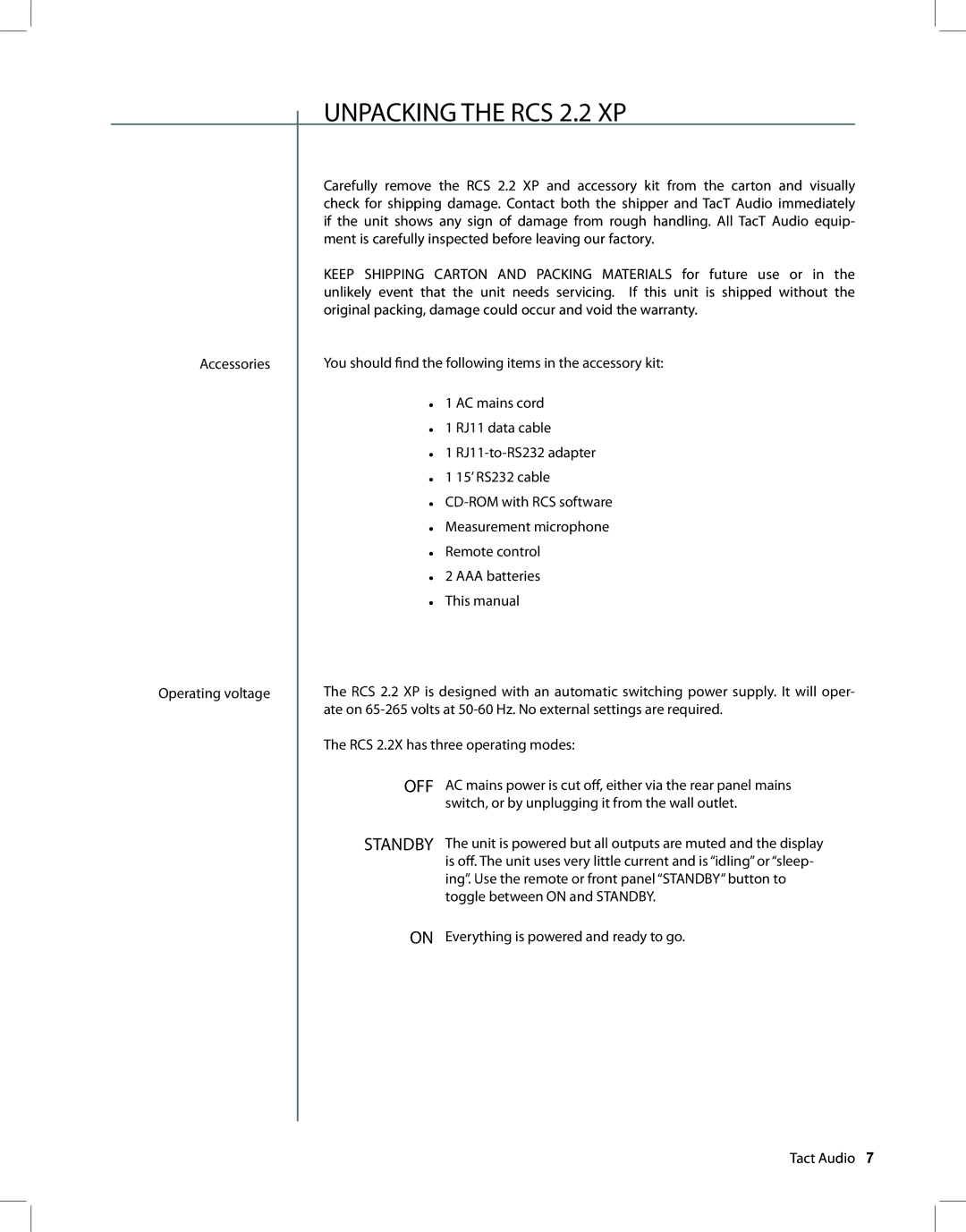 TacT Audio owner manual Unpacking the RCS 2.2 XP, Off 