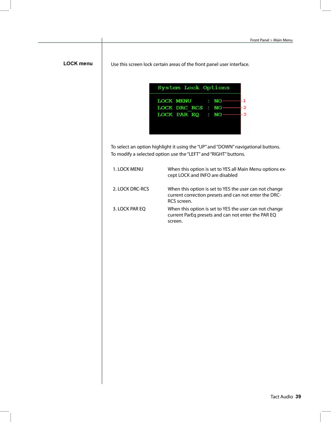 TacT Audio RCS 2.2 XP owner manual LOCK menu 