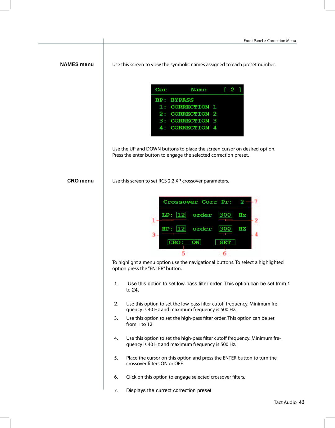 TacT Audio RCS 2.2 XP owner manual NAMES menu, CRO menu 