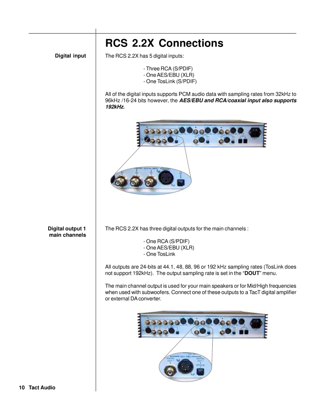 TacT Audio owner manual RCS 2.2X Connections, Digital input Digital output 1 main channels Tact Audio 