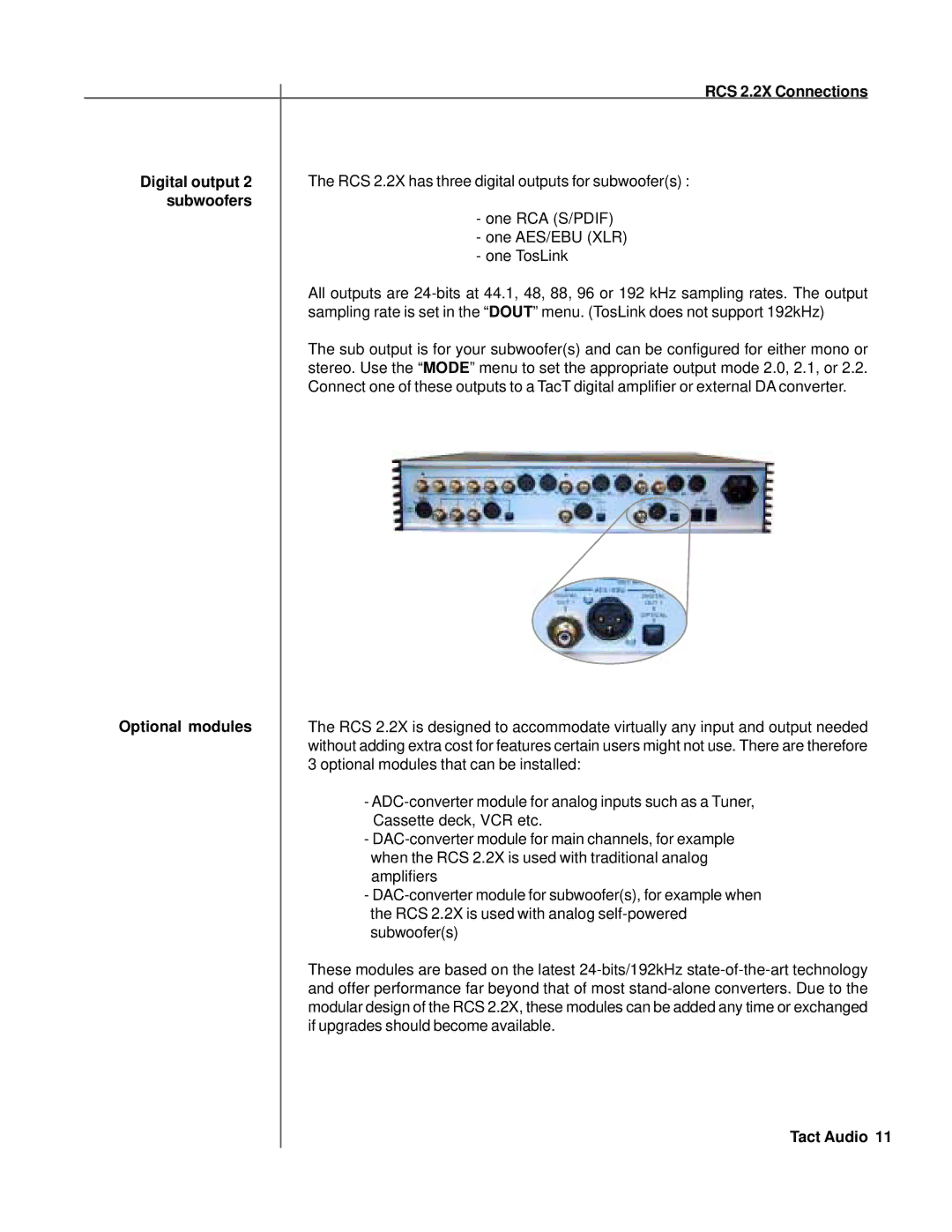 TacT Audio owner manual RCS 2.2X Connections Digital output, Subwoofers, Optional modules 